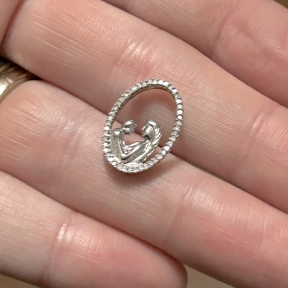 Solid 10k White Gold Diamond Oval Shaped Mother & Child Pendant